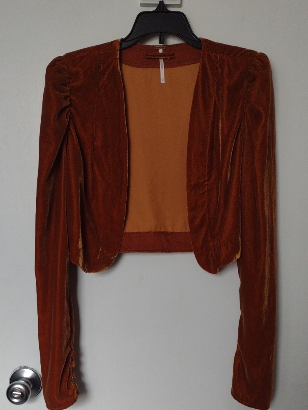 New Free People Rust Orange Velvet Puff Sleeves Cropped Bolero Jacket Size XS
